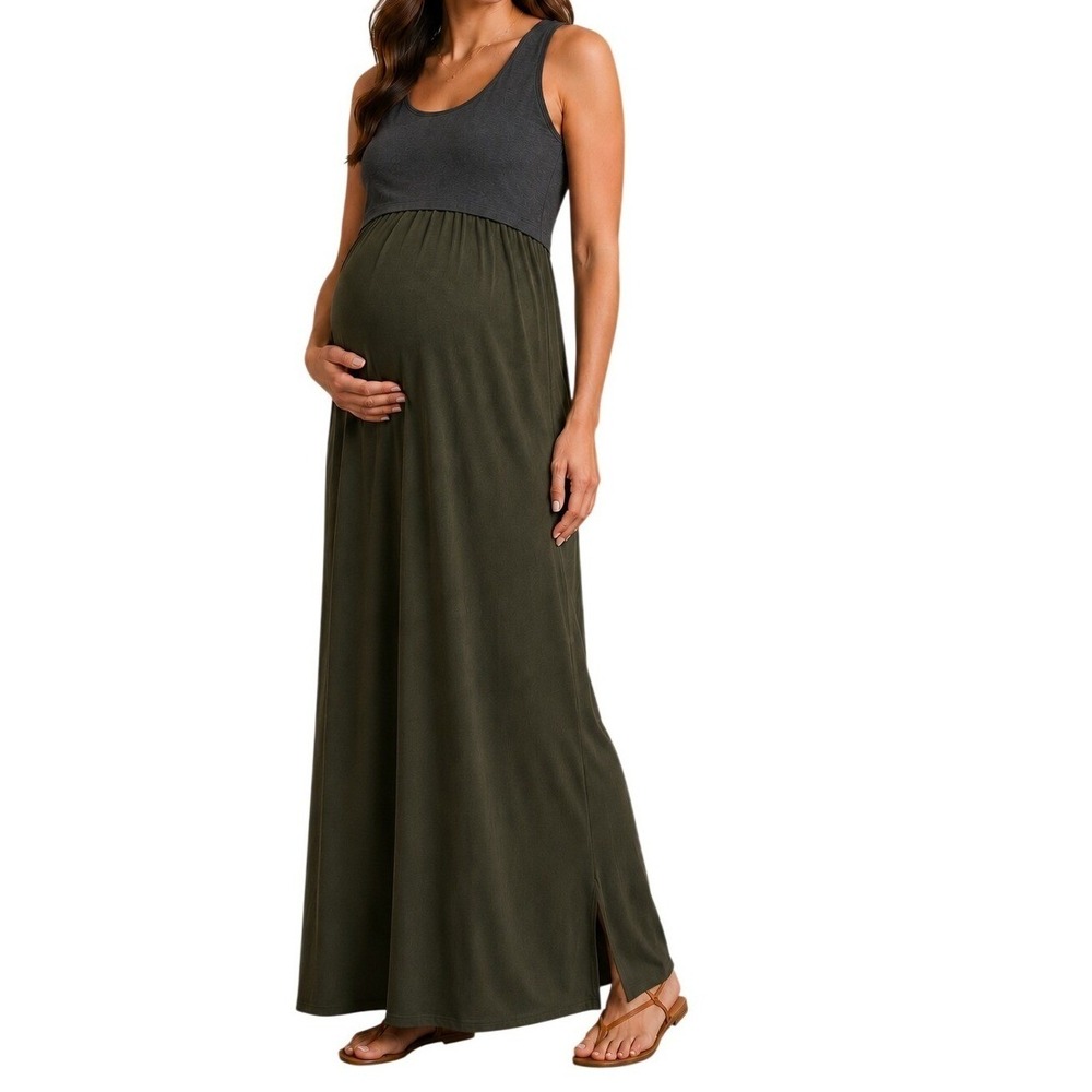 Seraphine Dark Grey Olive Green Maternity Sleeveless Maxi Dress Women's 6